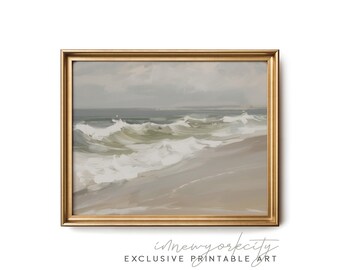 May include: A painting of a seascape with white waves crashing on a sandy beach. The sky is a light gray with a few clouds. The painting is framed in a gold frame.