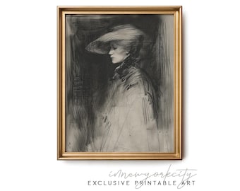 Vintage Fashion Printable Wall Art – Elegant Woman Portrait Sketch Illustration – Digital Download Print – Art Deco Black White Drawing