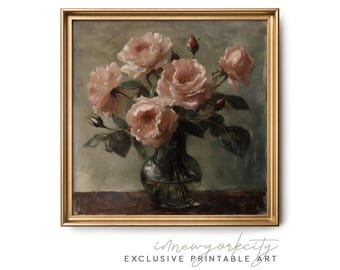 May include: A vintage oil painting of a bouquet of pink roses in a clear glass vase. The roses are arranged in a loose, natural style, and the vase is set on a dark brown table. The background is a soft green.