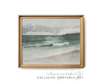 Gedämpfte Meereswellen druckbare Wandkunst, Küsten Salbei grün digitaler Download Druck, moderne Strandmalerei, Seelandschaftshauptdekor