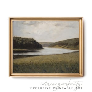 Serene Lake Landscape Wall Art – Modern Nature Digital Download Print – Minimalist Neutral Tonal Painting – Peaceful Water Printable