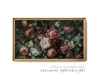 Abundance of Roses Still Life Painting, Samsung Frame TV Art, Modern Vintage Decor, Moody Antique European Art, Instant Digital Download