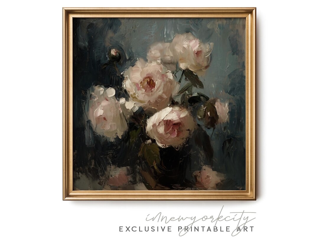 Dark Moody Floral Wall Art – Blush Pink Peony Painting – Dutch Masters ...