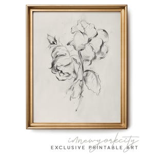 May include: A black and white pencil drawing of a rose in a gold frame. The drawing is on a white background.