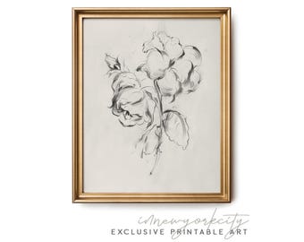 Vintage Flower Study Neutral Minimalist Art, Printable Wall Art, Digital Download, Rustic Floral Illustration, Nature Decor