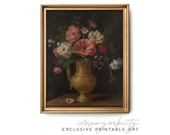 Muurkunst donkere bloemen – print Hollandse meester rozen – digitale download vintage schilderij – gouden vaas botanische kunst – Sfeervol interieur