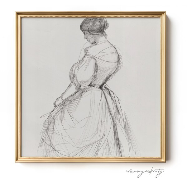 Woman in Long Dress Study, Neutral Antique European Sketch Print, Modern Vintage Decor Drawing, Printable Wall Art, Instant Digital Download