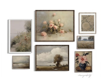 English Country Unique Gallery Wall Set of 7 Prints, Vintage Landscape Floral Still Life Fine Art Paintings, Printable Digital Download