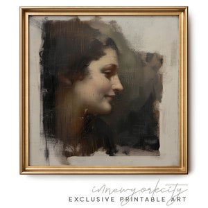 Dark Moody Portrait Female Profile, Digital Download Wall Art Print, Vintage Minimalist Painting, Printable Renaissance Woman