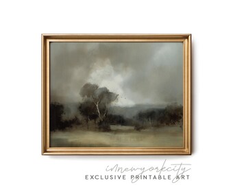 Pintura de paisagem delicada de árvores suaves, impressão europeia antiga tonal, decoração vintage moderna, arte de parede para impressão, download digital instantâneo