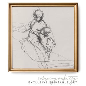 母と子の習作、ニュートラルなアンティークなヨーロッパのスケッチ、印刷可能な壁アート、デジタルダウンロード、室内装飾用のクラシックな木炭画