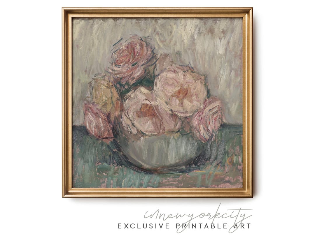 Impressionist Pink Roses Wall Art – French Cottage Painting Print ...