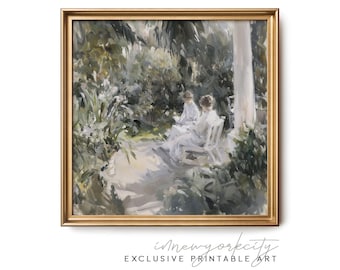 Vintage Summer Garden Scenery Digital Printable Art, Downloadable Serene Landscape Painting, Women Portrait Impressionist Wall Art