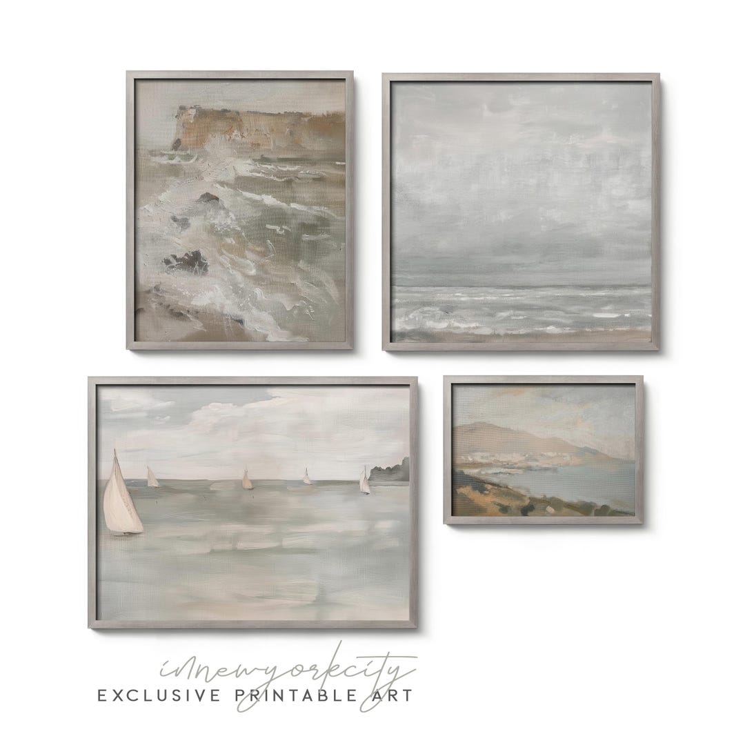 Coastal Neutral Gallery Wall Art Set of 4, Tonal Vintage Seascape Beach ...