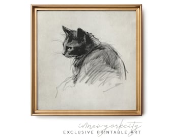 Black Cat Digital Wall Art Print – Charcoal Drawing Pet Portrait – Downloadable Printable Modern Minimalist Home Office Animal Decor