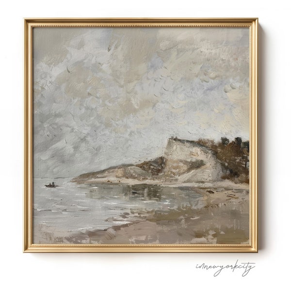 Rustic Seascape Painting, Neutral Coastal Wall Art Print, Vintage Bathroom Office Decor Downloadable Digital Artwork