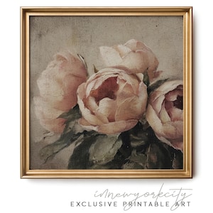 Vintage Peony Wall Art – Blush Pink Floral Painting – Shabby Chic Digital Print – Romantic Bedroom Downloadable – French Country Printable