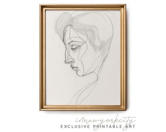 Woman Profile Portrait Study, Neutral Antique Sketch Print, Modern Vintage Decor Drawing, Printable Wall Art, Instant Digital Download