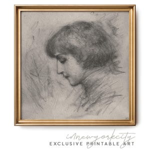 Vintage Charcoal Portrait Print – Digital Downloadable Wall Art – Classic Profile Drawing – Minimalist Printable Home Decor – Grayscale Art