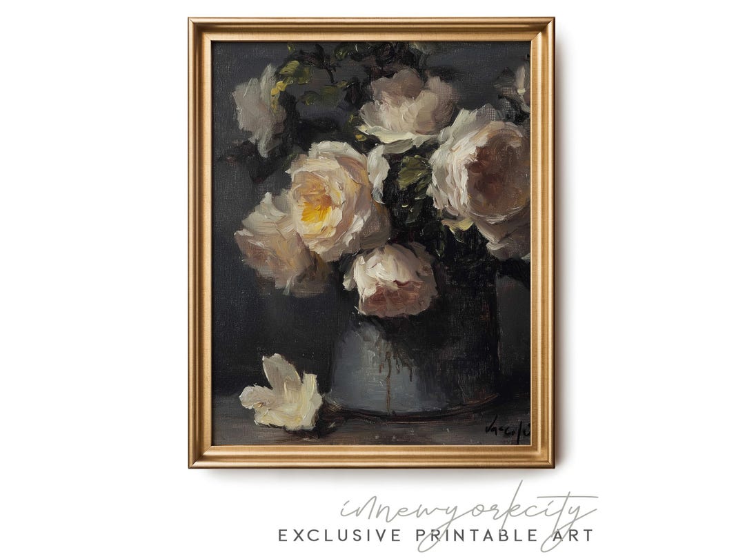 Dark Floral Wall Art – Vintage Rose Painting Print – Moody Botanical ...