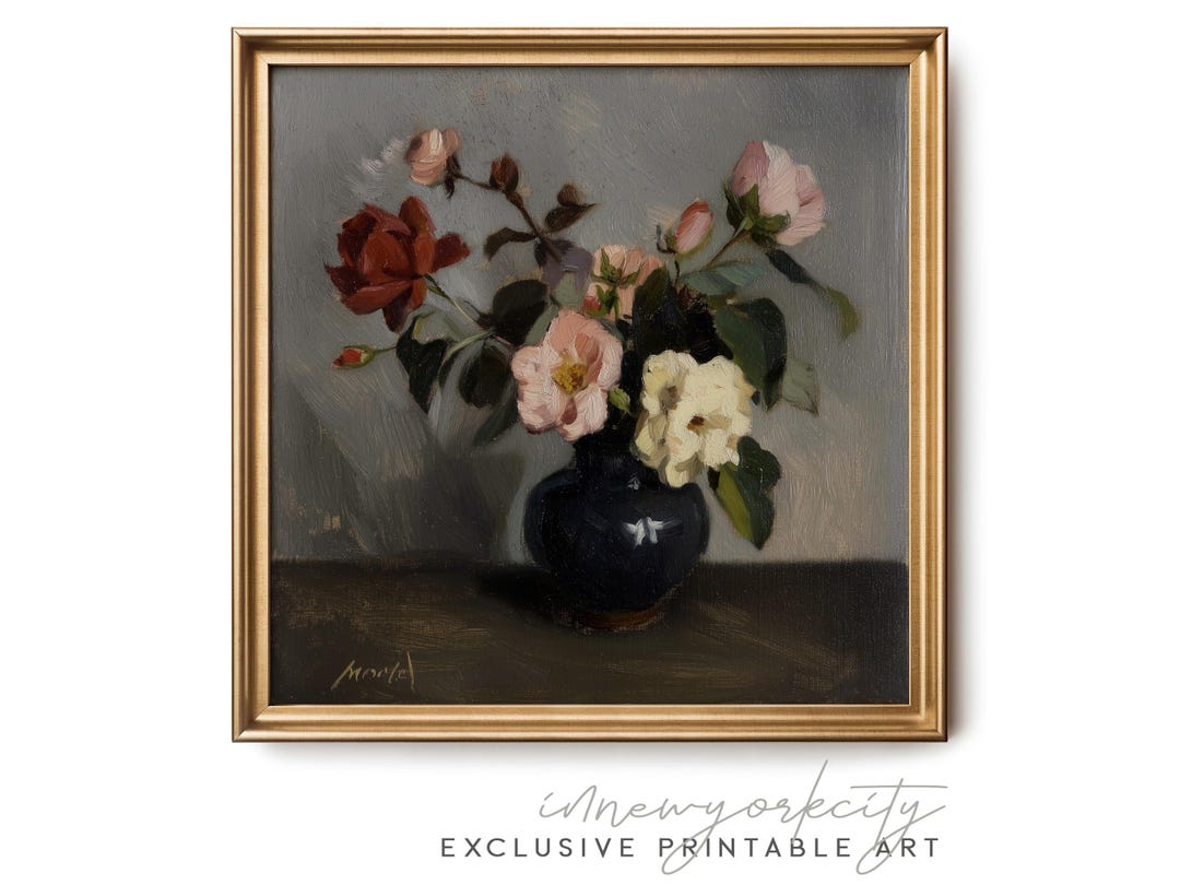 Moody Dark Floral Wall Art – Rose Bouquet in Navy Vase Painting Print ...