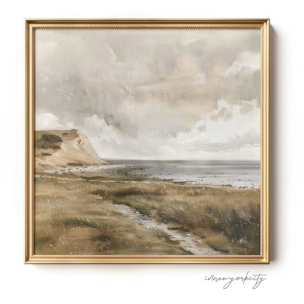 Vintage Muted Coastal Landscape Painting, Antique Seaside Wall Art Print, Downloadable Digital Printable Artwork