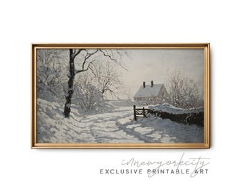 Samsung Frame TV Art, Vintage Winter Cabin Painting, Holiday Decor, Instant Digital Download