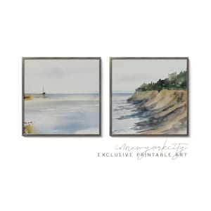May include: Two watercolor paintings of seascapes. The first painting shows a sailboat on a calm ocean with a light blue sky. The second painting shows a rocky coastline with a sandy beach and a dark blue ocean.
