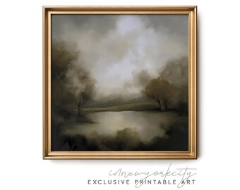 Árvores perto de um lago Pintura de paisagem delicada, impressão antiga tonal, decoração vintage moderna, arte de parede para impressão suave, download digital instantâneo