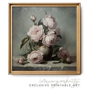French Country Peony Wall Art – Vintage Floral Digital Print – Pink Rose Still Life Painting Download – Romantic Printable Home Decor
