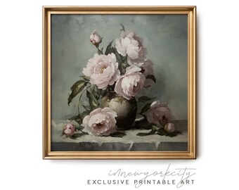 French Country Peony Wall Art – Vintage Floral Digital Print – Pink Rose Still Life Painting Download – Romantic Printable Home Decor