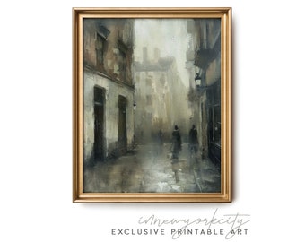 Arte mural callejero de París con un aire melancólico: cuadro de ciudad victoriana oscura: impresión digital descargable para un día lluvioso: arte urbano gótico imprimible