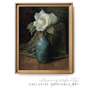 Fiori in un vaso blu, dipinto di natura morta, stampa antica malinconica, arredamento vintage da fattoria, arte murale stampabile, download digitale istantaneo