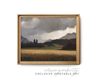 Arte mural con paisaje de montaña rústico – Impresión de pintura de campo de trigo dorado – Descarga digital de cielo tormentoso – Campo rural imprimible