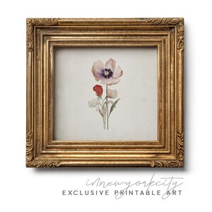Minimalist Botanical Watercolor, Vintage Girls Room Wall Art Painting, Pink Flower Printable Nursery Decor, Unique Digital Downloadable