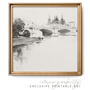 Stadsgezichtsschets Paris Bridge, antiek Europees decor, neutrale vintage boerderijprint, afdrukbare muurkunst, instant digitale download