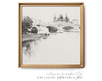 Paris Bridge Cityscape Sketch, Antique European Decor, Neutral Vintage Farmhouse Print, Printable Wall Art, Instant Digital Download