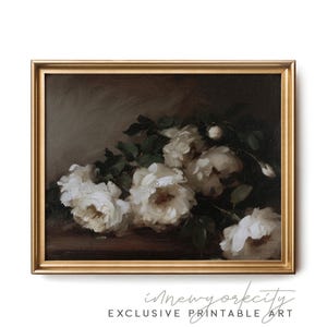 May include: A framed painting of a still life featuring white roses with green leaves against a dark brown background.