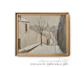 Vintage Winter Cityscape Painting Wall Art, Neutral Snowy Holiday Village Print, Digital Printable Download