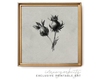 Minimalist Ink Flower Wall Art – Modern Botanical Print – Japanese Zen Digital Download – Abstract Floral Printable Painting – Black White