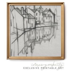 Neutraal stadsgezicht vintage schets – architectuurtekening print – abstracte industriële muurkunst – digitale afdrukbare voor minimalistisch interieur
