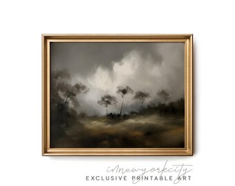 Fileira de árvores Pintura de paisagem delicada, impressão antiga tonal, decoração vintage moderna, arte de parede imprimível temperamental, download digital instantâneo