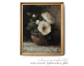 Nature morte florale sombre imprimable - peinture de fleurs blanches - oeuvre d'art murale de mauvaise humeur - impression téléchargement numérique - oeuvre d'art botanique vintage