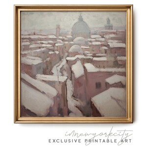 Snowy Italian Rooftops Winter Cityscape Oil Painting, Antique Pink Print, Vintage Decor, Printable Wall Art, Instant Digital Download
