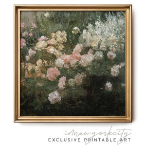 Stampa di rose in fiore – Arte murale floreale impressionista – Pittura romantica da giardino – Download digitale primaverile – Stampa di rose rosa crema tenui