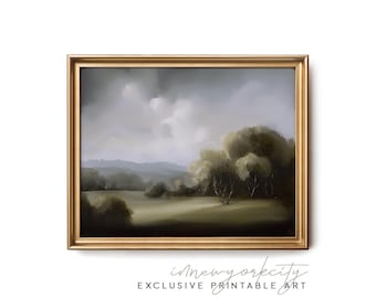 Stimmungsvolle Landschaftsmalerei – Atmosphärische Baumkunst – Verträumte Natur digitaler Download – Walddruckbare Kunst – Olivgrüne Felder