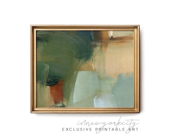 Green Abstract Wall Art – Painterly Oil Landscape Printable – Olive Sage Ochre Color Block Print – Modern Decor Digital Download