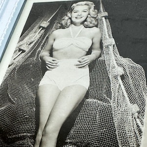 Vintage Original Black & White Photo of Barbara Bates in Bikini Caught in a Net, Actress, Large Frame,  c. 1940s