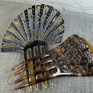 Art Deco Fine Celluloid Ornate Czarny do Przezroczystego Grzebienia Ciemnoniebieskie Kryształki i Misterny Szczegółowy Grzebień Żółwia, Twój Wybór