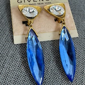 Vintage Givenchy Gold Tone Sparkly Blue and Clear Rhinestones Clip On Earrings, Paris - New York, c. 1980s